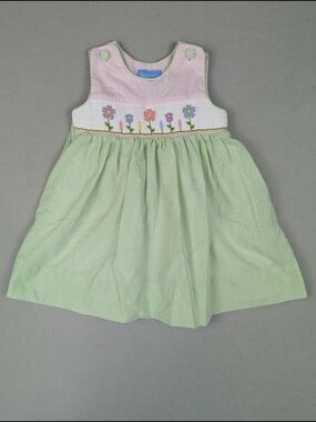 Anavini Seersucker Stripe Smocked Flowers Dress Girls Size 24 Months Easter
